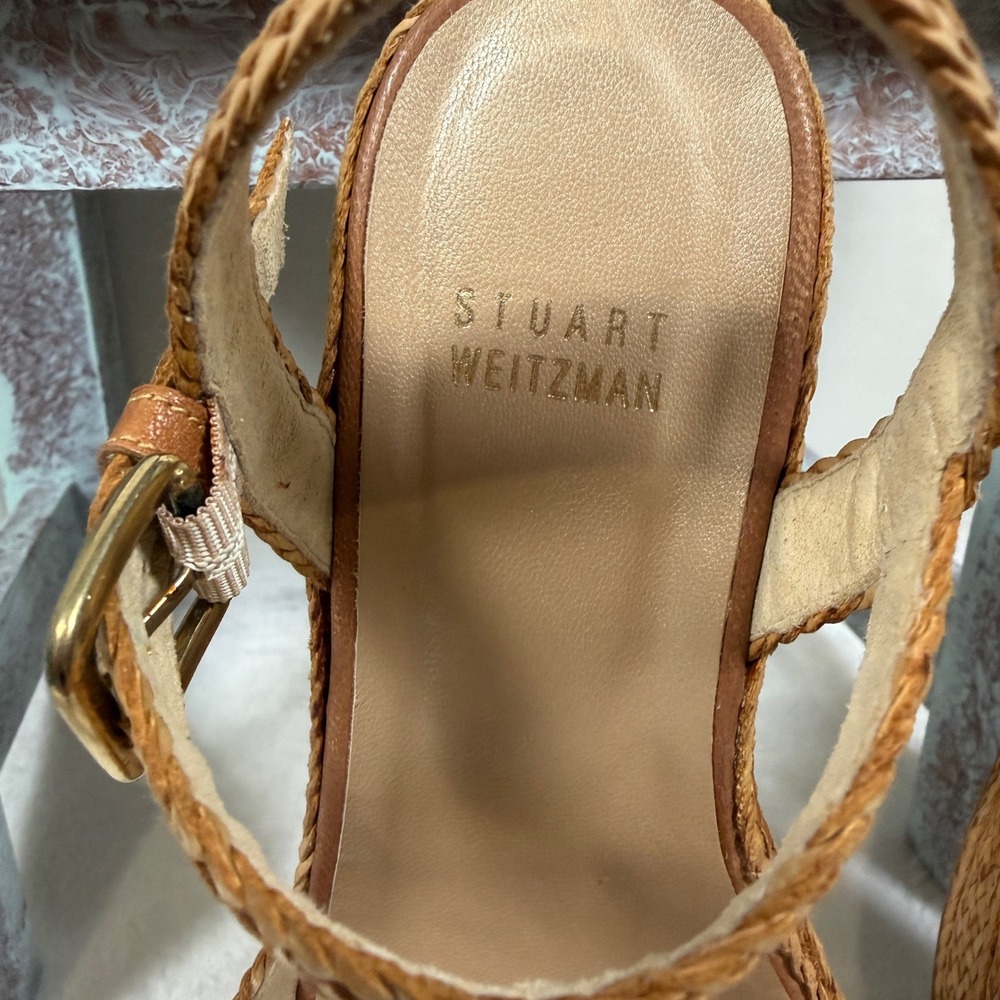 Stuart Weitzman Barbados Wedge Sandals Women 5.5 Tan Woven Platform Ankle Strap - Picture 10 of 11